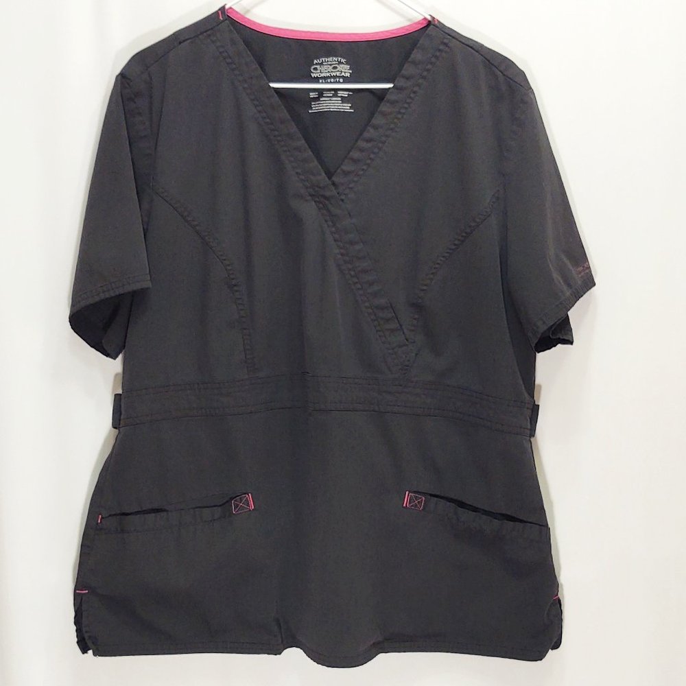 3/$30 Cherokee Workwear Black Mock Wrap Scrub Top